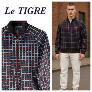 Le Tigre Track Jacket Full Zip Mens Medium Check Plaid Brown Blue Retro Classic